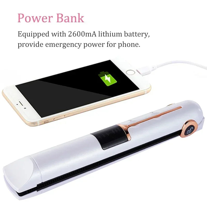 Portable Wireless Hair Straightener With Power Bank Function Rechargeable Hair Straightening Curling Flat Iron For Home Travel