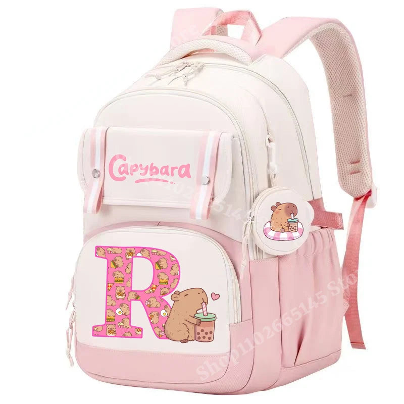 Capibara Cute Backpack Girl Anime Capybara Letter A-Z School Bags Kids Outdoor Sport Shoulders Bag Travel Rucksack Children Gift