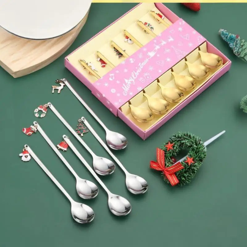 6PCS Christmas Spoons Coffee Cutlery Set Stainless Steel Cutlery Set Dessert Spoon Forks Christmas Gifts Elk Christmas Decoratio