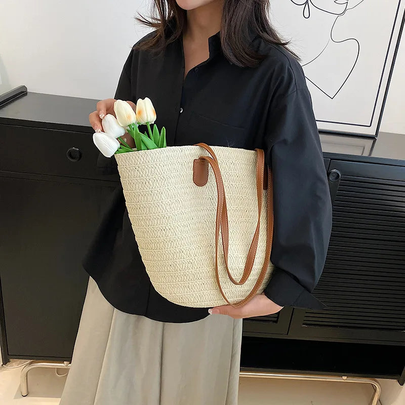Women's Large Capacity Shoulder Bag Summer Straw Woven Basket Handbag Fashion Female Luxury Designer Beach Bag Bali Shopper Tote