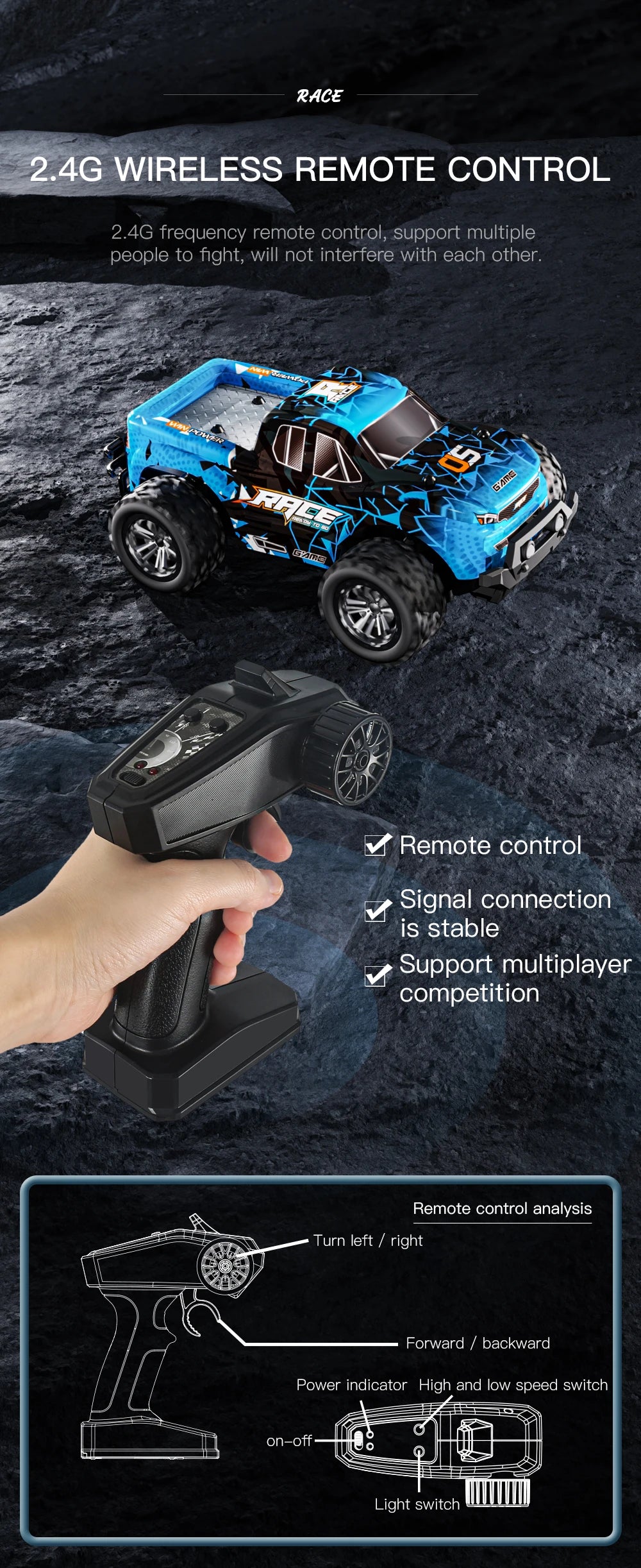 ZWN 1:16/1:20 2.4G Model RC Car With LED Light 2WD Off-road Remote Control Climbing Vehicle Outdoor Cars Toy Gifts for Kids