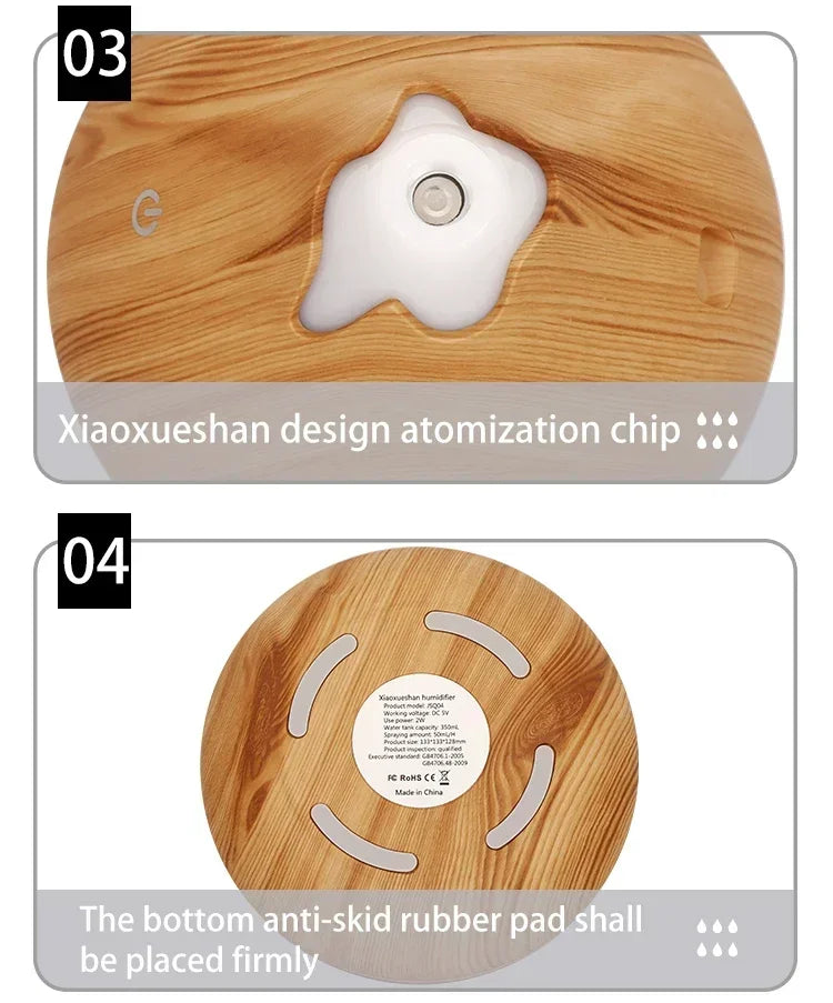 350ML Aromatherapy Essential Oil Diffuser Wood Grain Remote Control Ultrasonic Air Humidifier Cool with 7 Color LED Light