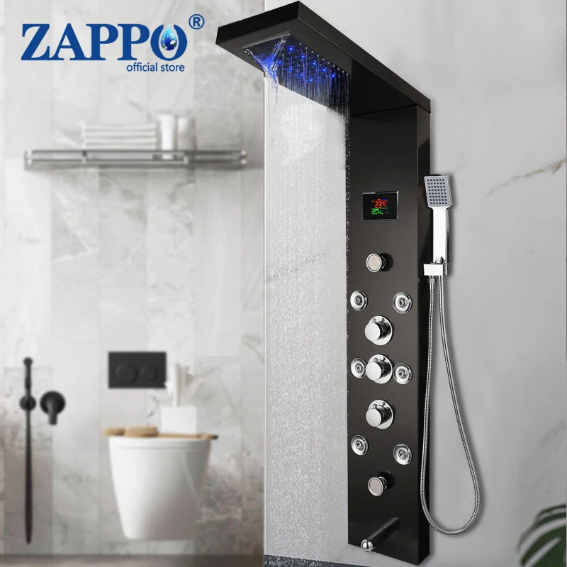 ZAPPO Black Bath Shower Faucet Temperature Digital Display Shower Panel Body Massage System Jets LED Shower Column Faucets Set