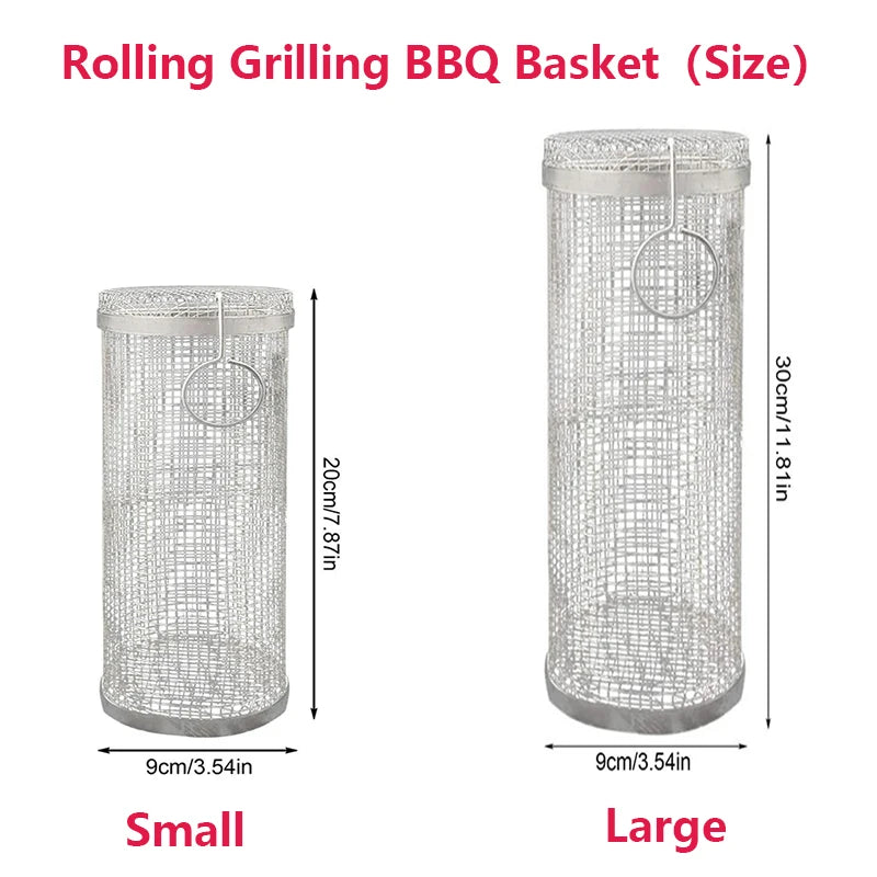 Rolling Bbq Basket- Greatest Grilling Basket Ever, Round Stainless Steel Grill Mesh, Camping Barbecue Rack For Vegetables,Fish