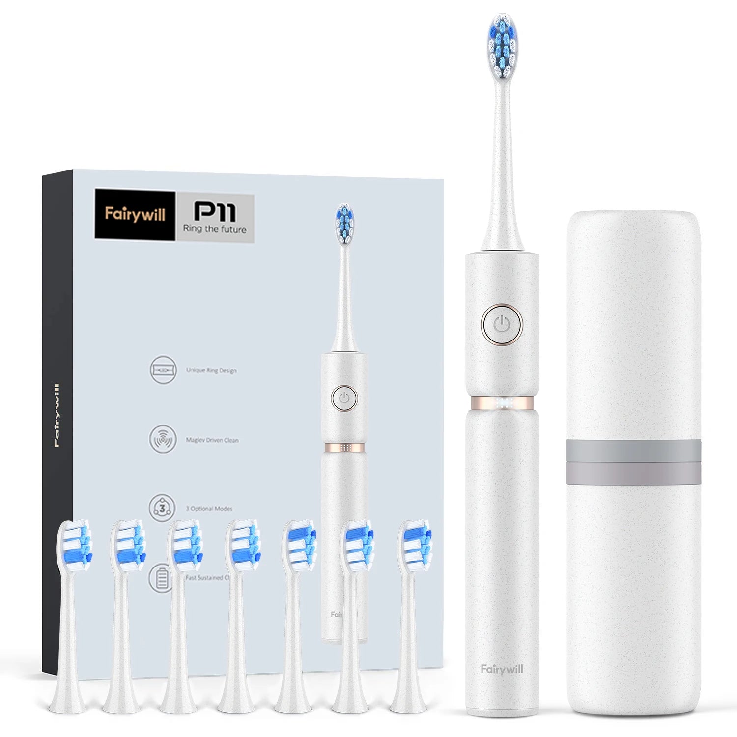 Fairywill P11 Sonic Whitening Electric Toothbrush Rechargeable USB Charger Ultra Powerful Waterproof 8 Heads and 1 Travel Case