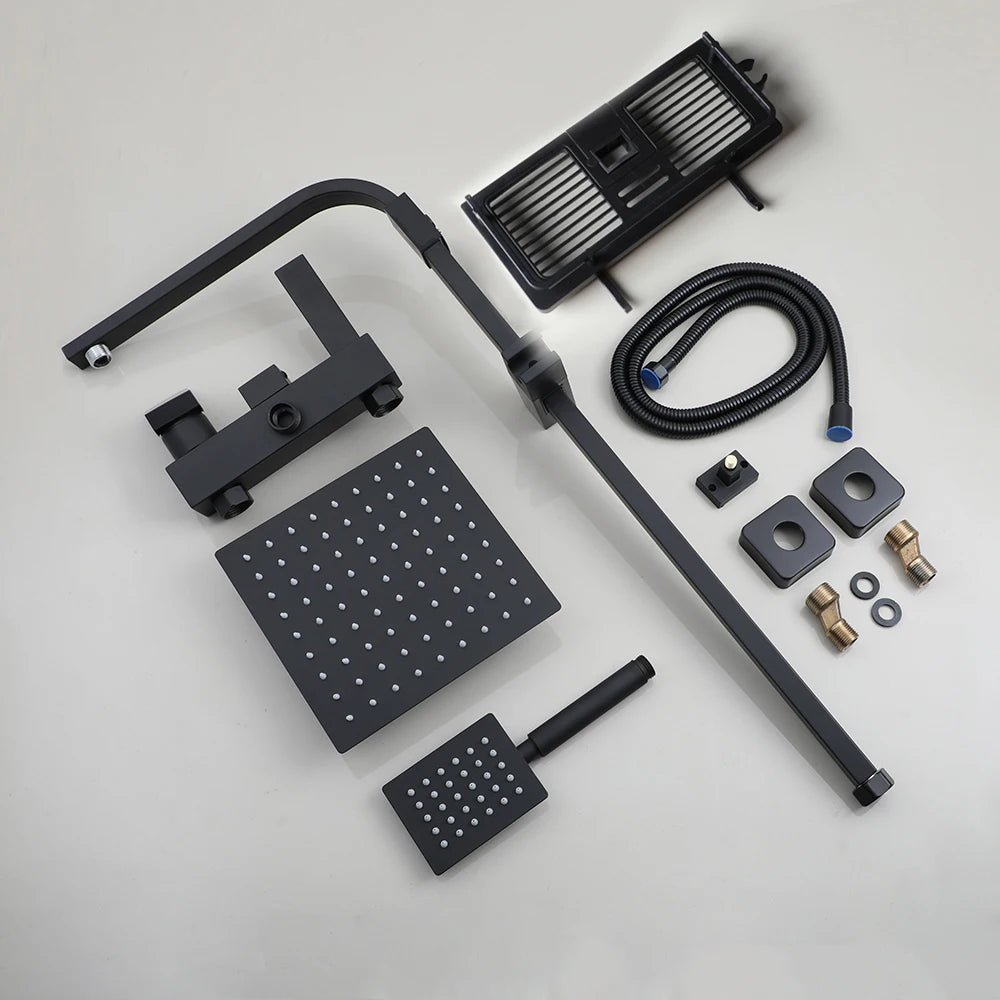 KEMAIDI Rainfall Bathroom Shower Faucet Set With Rack Shelf Bathtub Mixer Tap Black Wall Mounted Brass Bath Cabin System