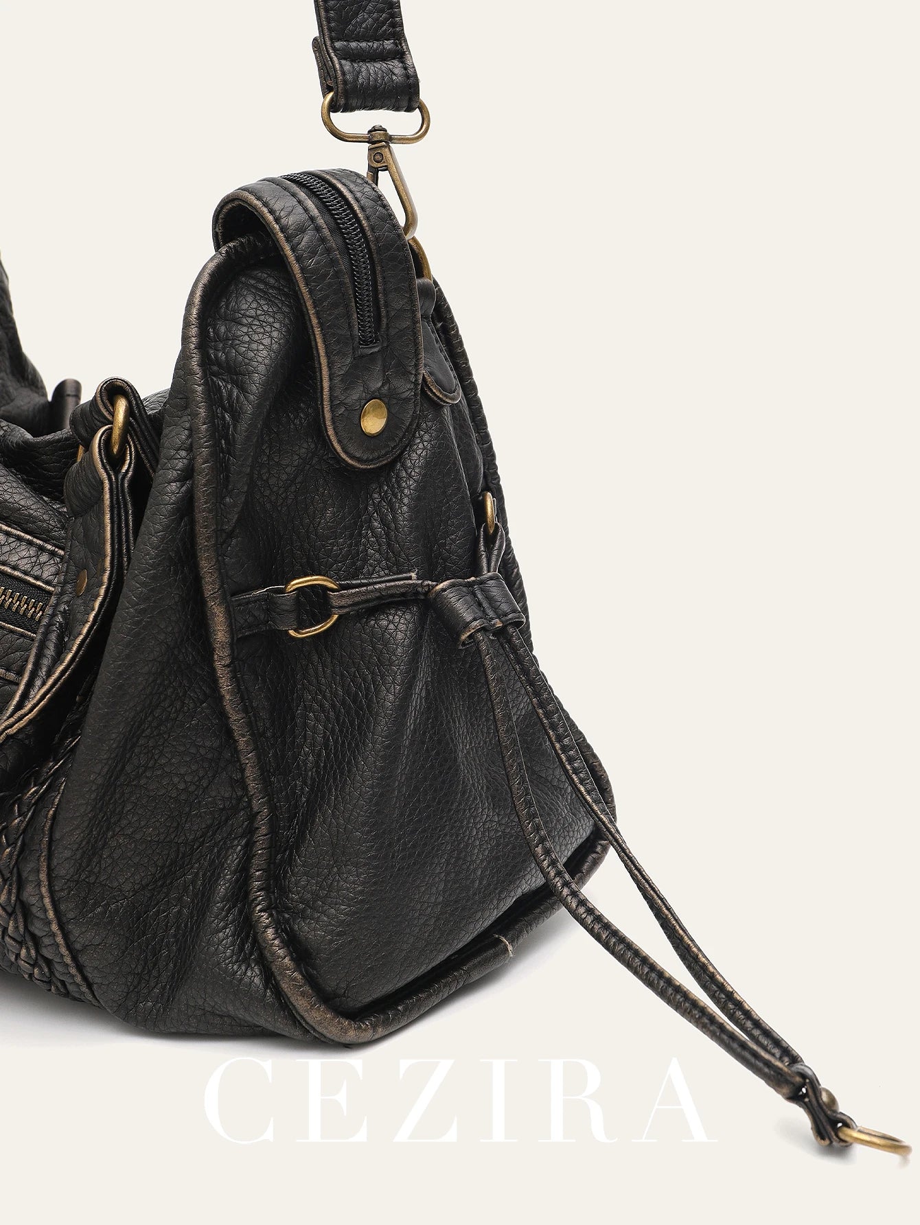 Vintage Washed PU Leather Large Capacity Tote Zip Pockets Braid Decor Shoulder Cross body Bag Unisex Women Daily Travel Handbag