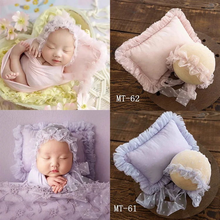 Newborn Photography Props Lace Hat+Pillow 2pcs/Set Baby Posing Props Up Pillows Studio 0-1 Month Infant Photoshoot Accessories