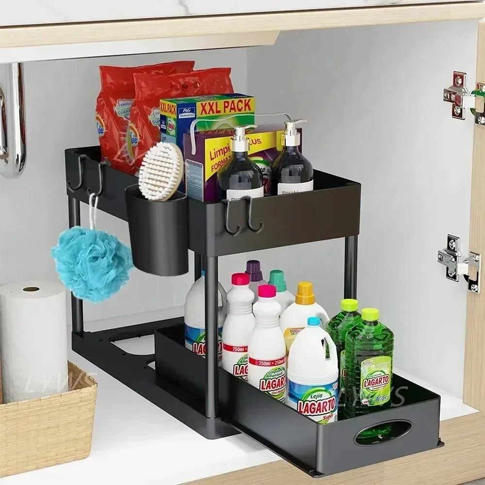 Two-tier Pull-out Sink Base Storage Cabinet with Sliding Baskets and Hooks, Suitable for Bathroom and Kitchen Storage