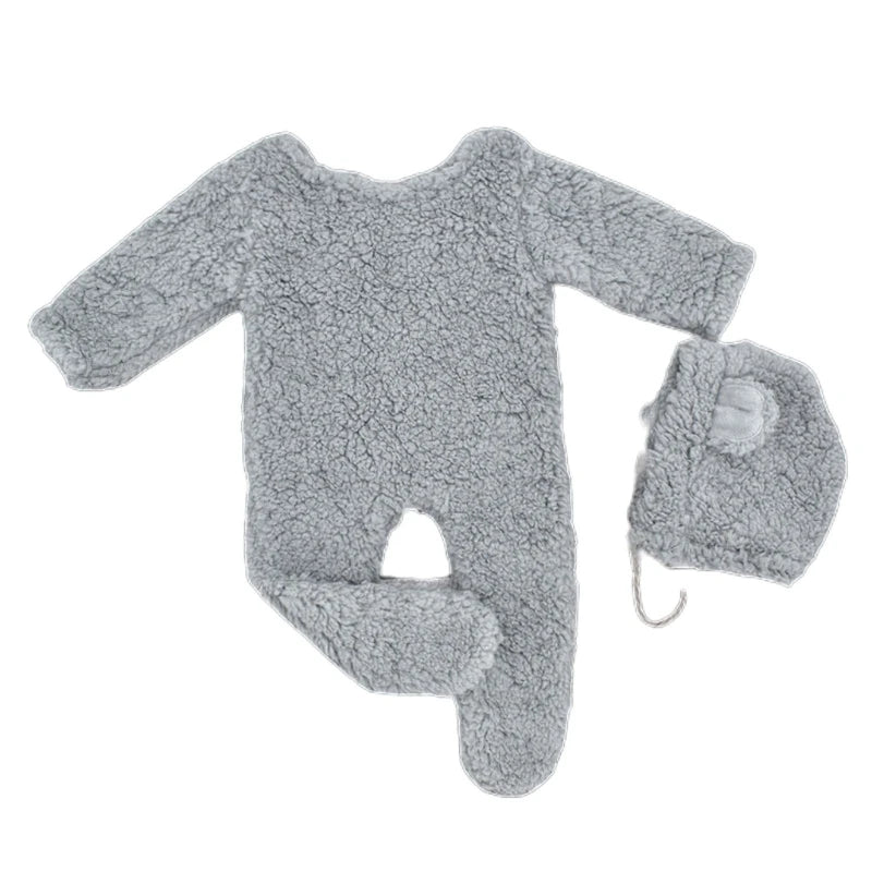 2Pcs Photography Props for Baby Boy Girls Unisex Jumpsuit Bear Ear Hat Footed Romper Newborn Photoshooting Accessories