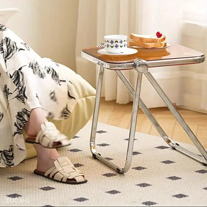 Transparent Folding Sofa side table Modern Coffee Table with Metal Frame, Ideal for Living Room Bedroom Compact Storage