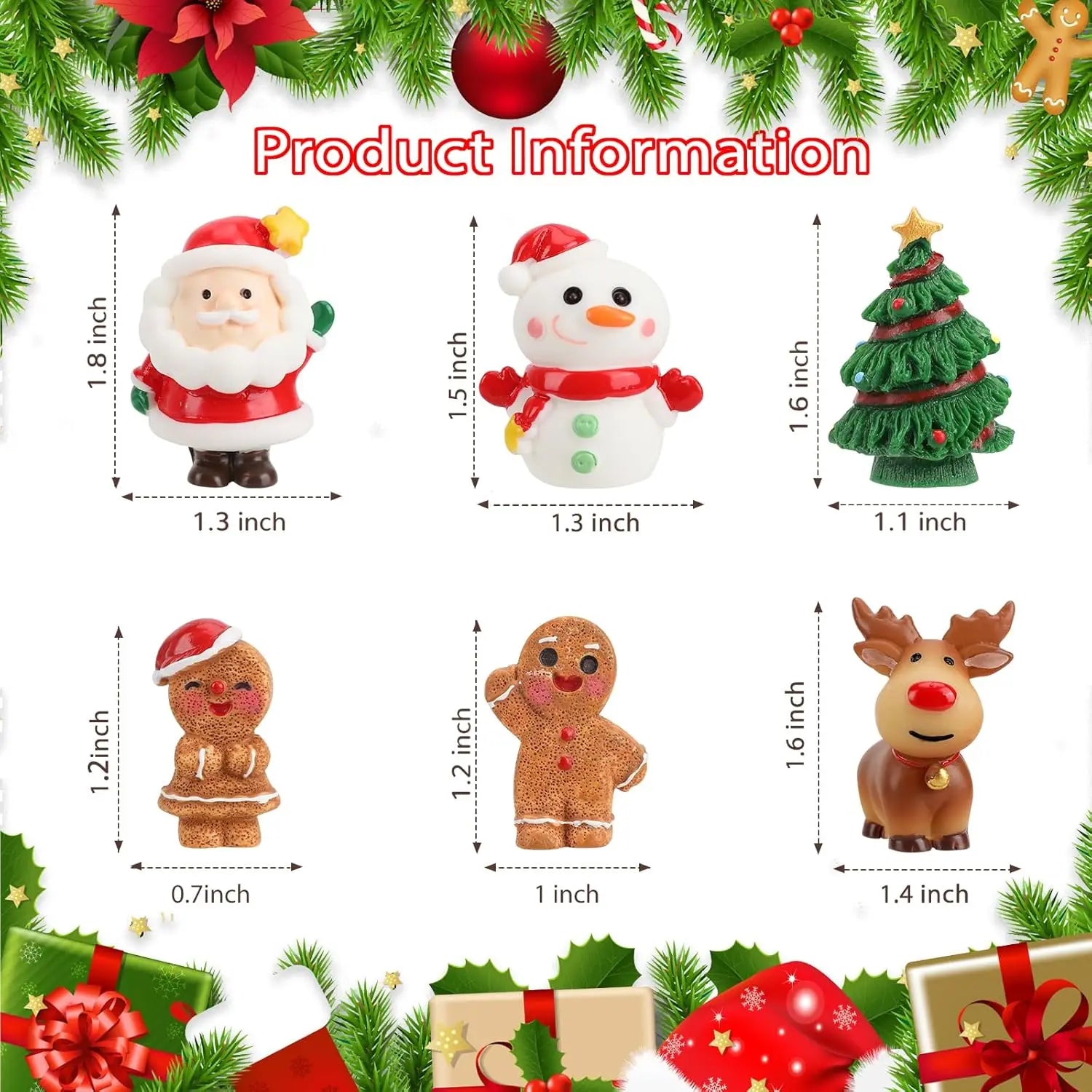 3D Christmas Figurines Set (6 Pcs) - Santa, Reindeer, Snowman Cake Toppers & Tree Decor, Resin Ornaments for Holiday Crafts