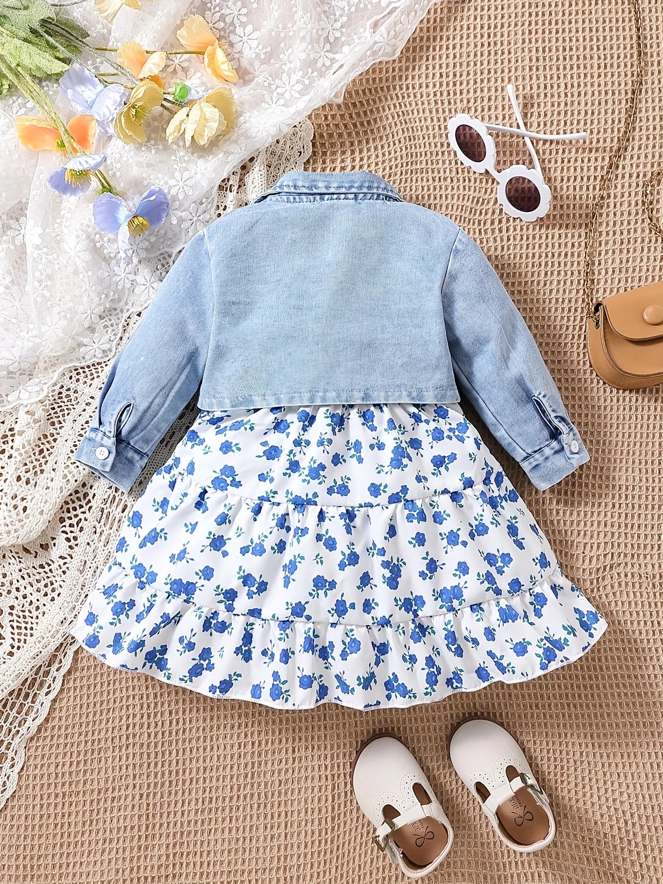 3pieces Four Seasons Leisure Travel Vacation Comfortable Denim Long Sleeve + Floral Dress Set With Halter Sweet Fashion