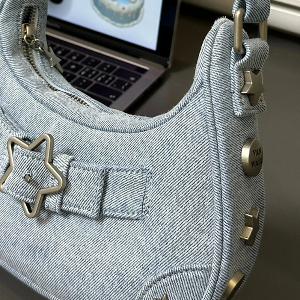 Women Shoulder Handbag Vintage Y2K Casual Hobos Zipper Star Decor Solid Color Gift for Girls Ladies Purse Tote Bag