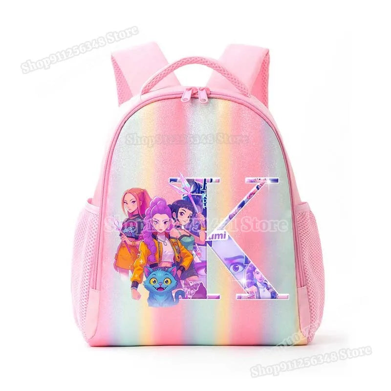 Anime K-pop Demon Hunters Letter A-Z Print Kids Backpack Girls Lightweight Casual School Back Pack Rainbow Color Mochilas Gifts