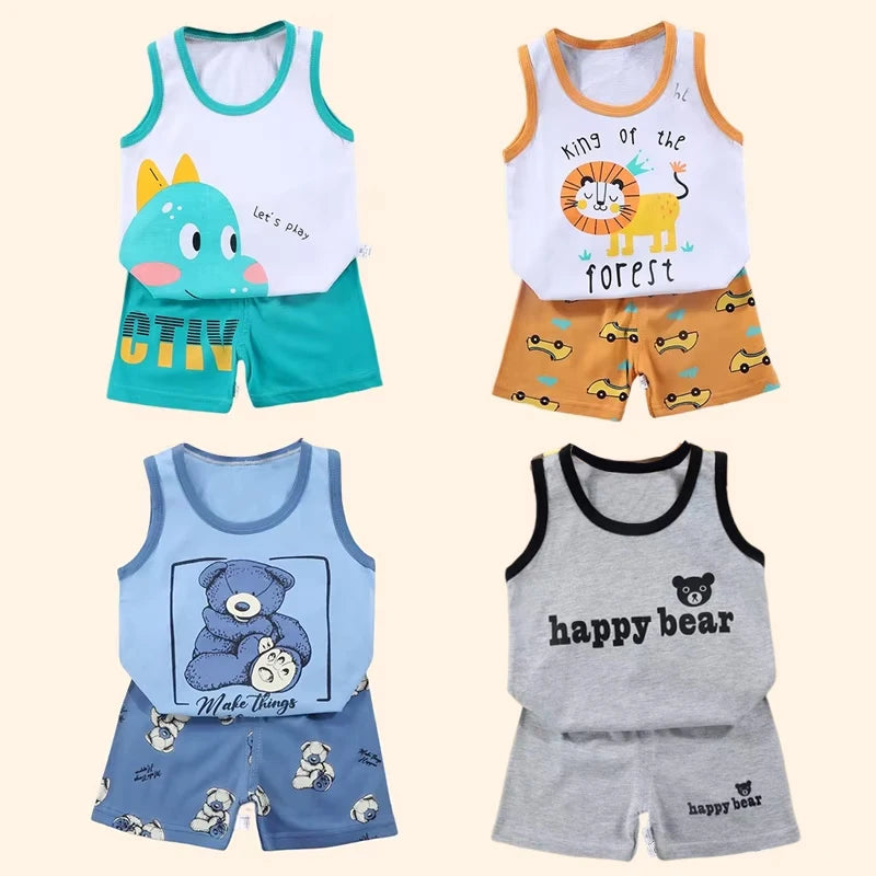2PCS Children Sets Kids Clothes Vest Suit  Summer Children Clothing baby Cotton T-Shirts Shorts Tank Top  Boys Girls Sleeveless