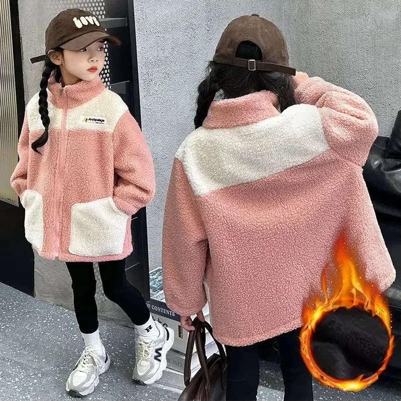 LambWool Warm Jackets For Girls Children Autumn Winter Outerwear Kids Plus Velvet Coats New Teenager Fashion Padded Clothing