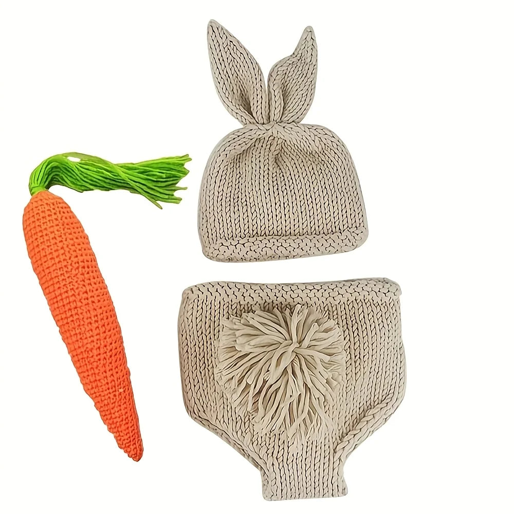 1 Set Handmade Blend Newborn Bunny Outfit, Baby Rabbit Photography Props, Crochet Knitting with Ears Hat and Carrot Accessory