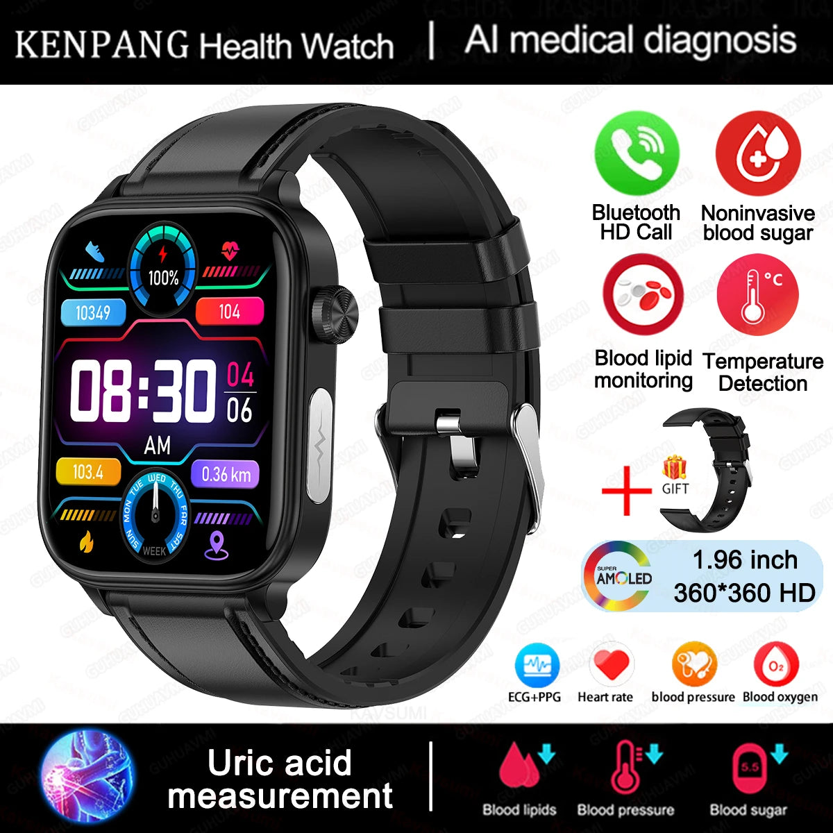 2024 New ECG+PPG Medical Grade Smart Watch Men Blood Glucose Blood Lipid Uric Acid Monitoring Bluetooth Call Health Smartwatches