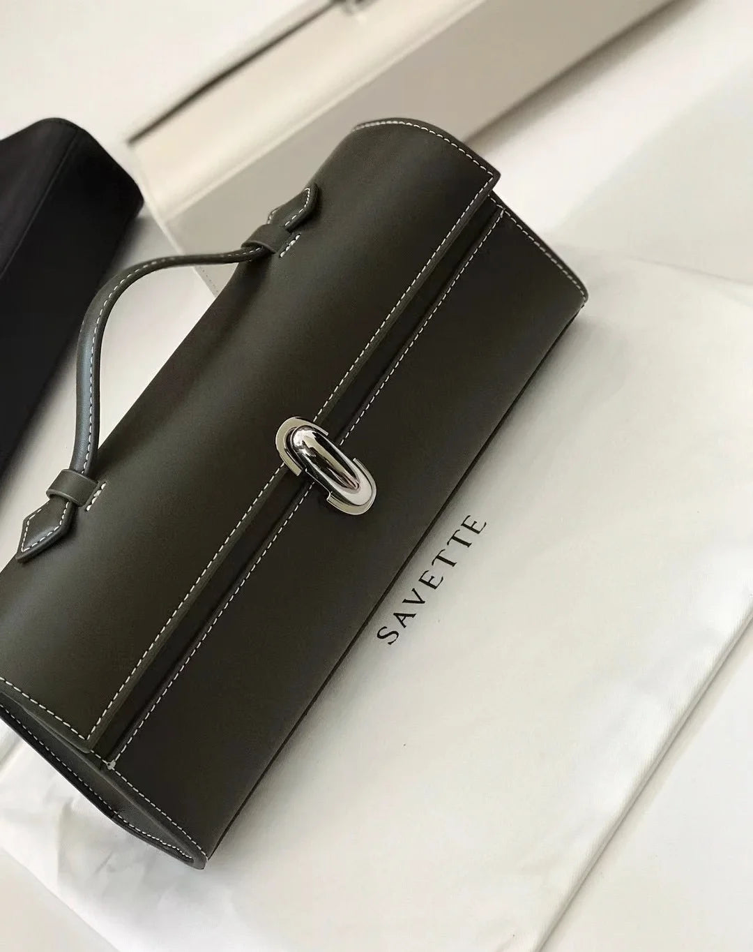 SAVETTE Brand Genuine Leather Small Square Bag Rectangular Baguette Tote Women's Simple Handbag