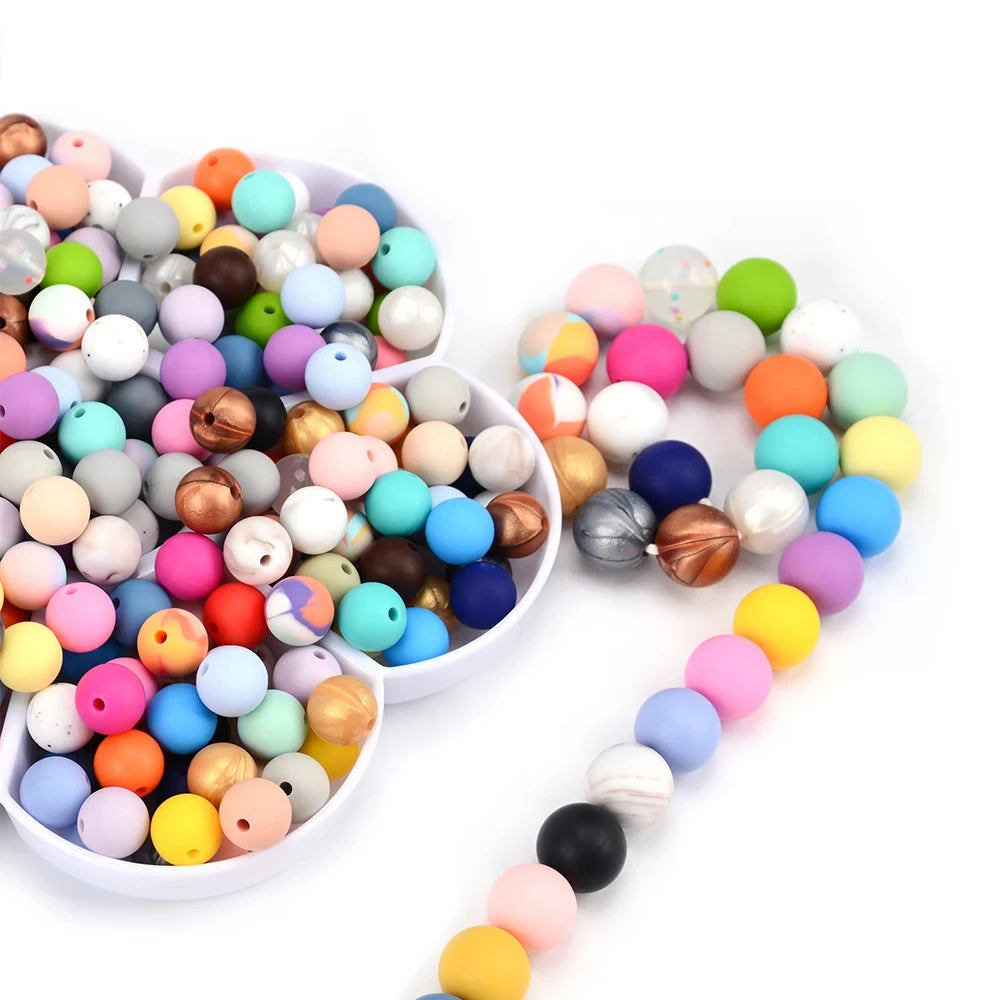 LOFCA 12mm 100pcs Silicone Beads Round Teether Baby Nursing Necklace Pacifier Clip Oral Care BPA Free Food Grade Colorful