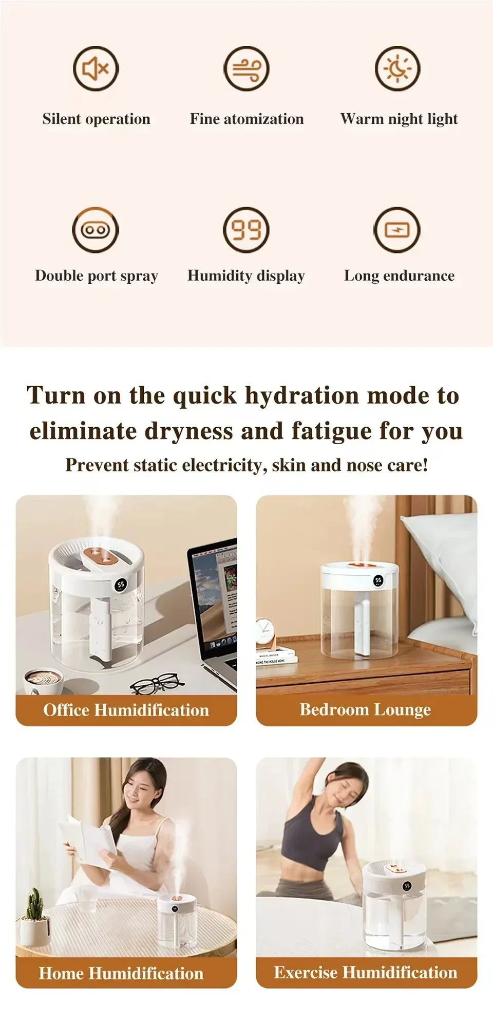 Dual Spray Humidifier USB Large Capacity Home 2L Quiet Bedroom LED Digital Display Night Light Office Desktop Mini Diffuser