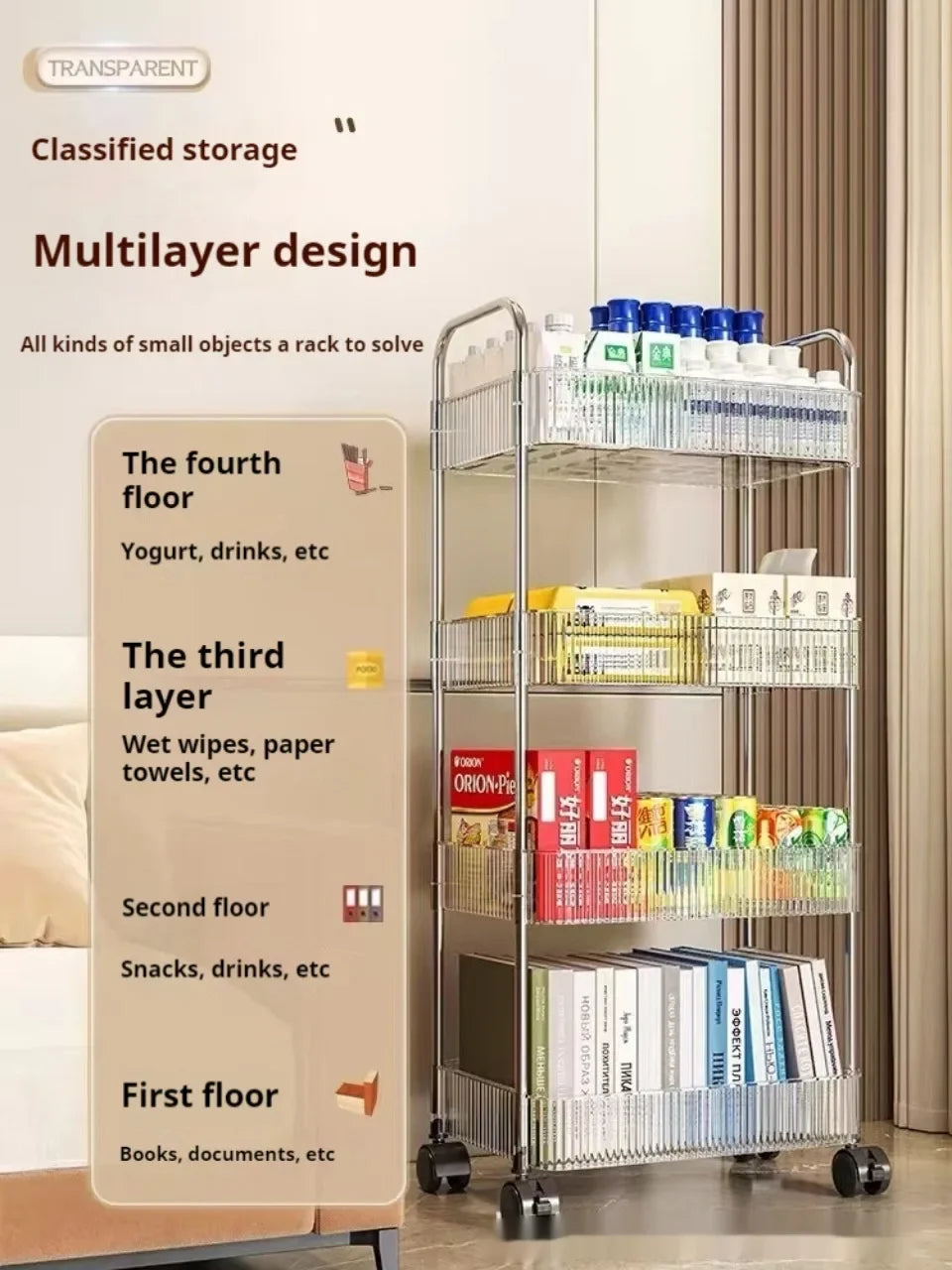 3 Layers Transparent Storage Rack Trolley Acrylic Rolling Cart with Hanging Basket Bathroom Acrylic Makeup Bookshelf organizer