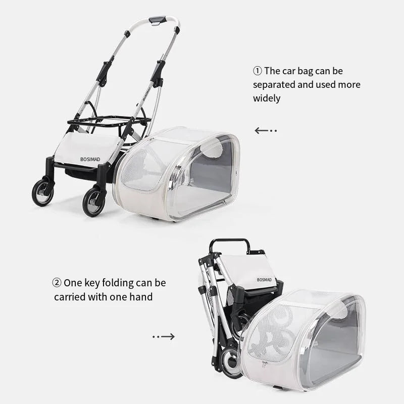2023 New Transparent Pet Cart Dog and Cat Walking Cart Small Medium Sized Dog Pulled Stroller Lightweight Foldable Detachable