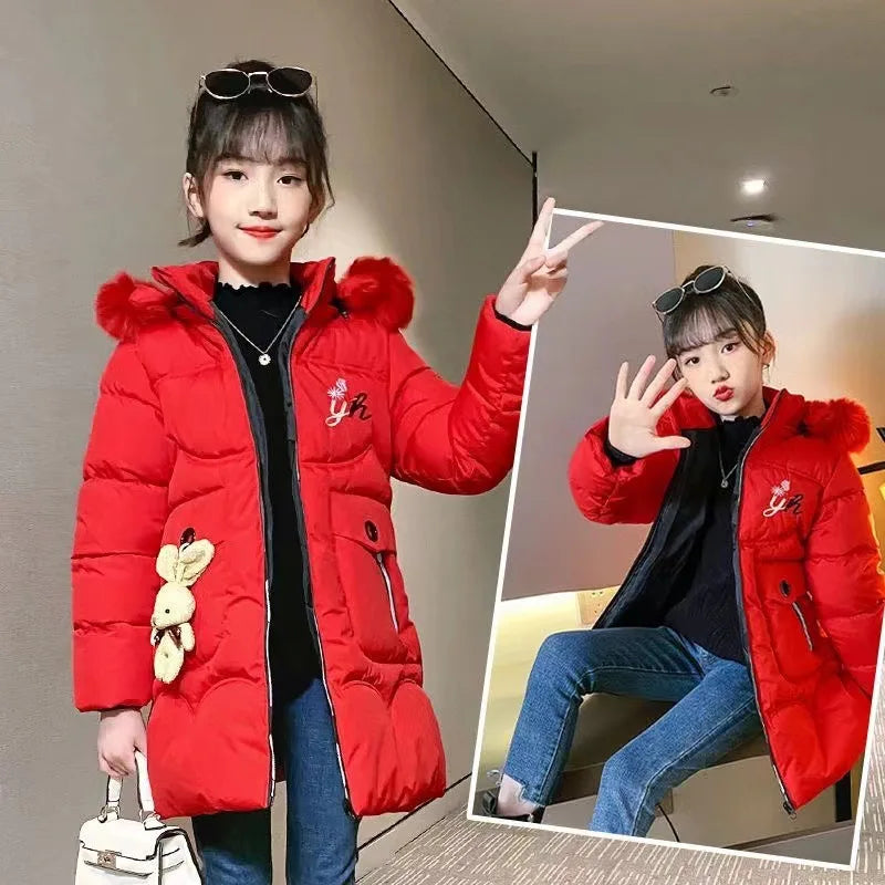 5-14 Years Old Winter Boys Girls Jacket Long Style Hooded Fur Collar Colorful Heavy Coat For Kids Children Outerwear