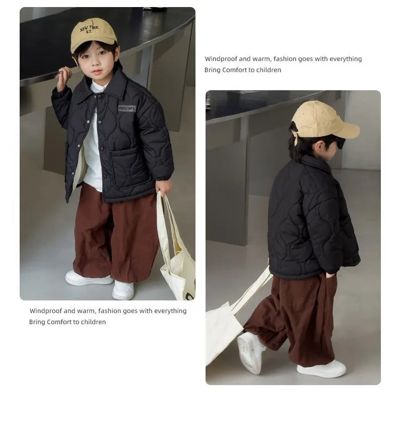 Autumn Kids Cotton Jacket Winter Boys Solid Color Thick Plus Velvet Warm Coat For 3-10 Years Teen Children Outerwear Clothing ﻿