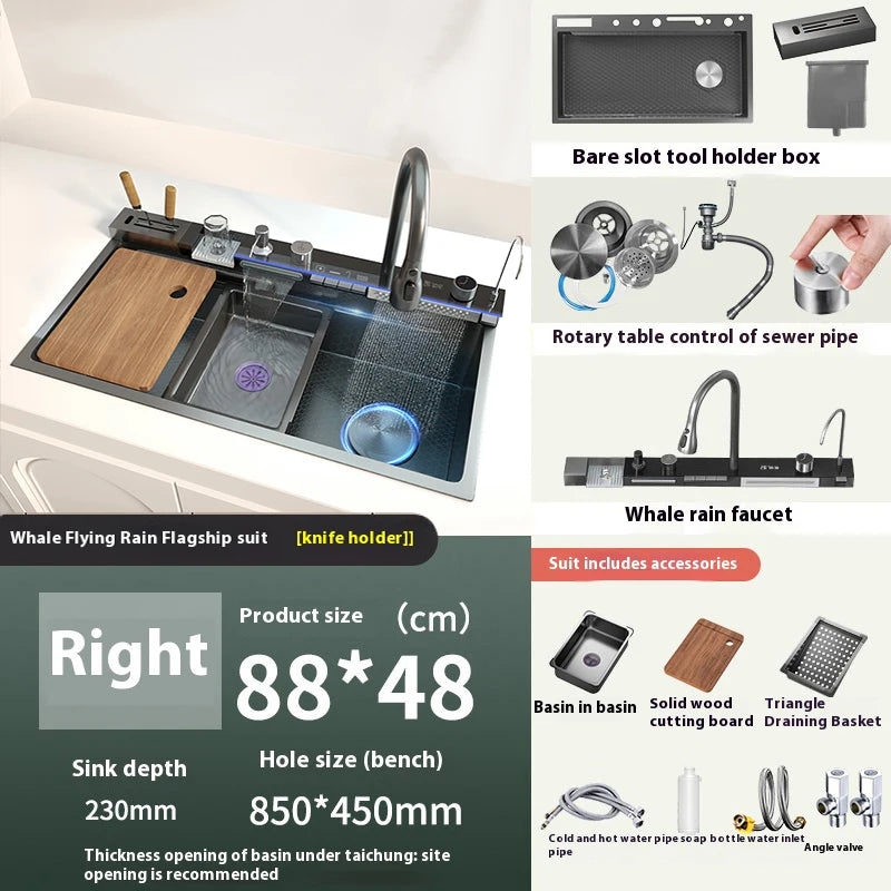 Stainless Steel Waterfall Kitchen Sink New Embossed Extra Large Single Slot Modern Digital Display Dishwashing Basin