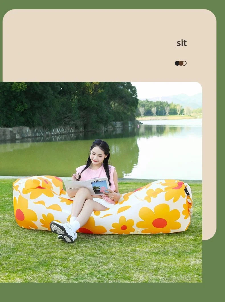 Outdoor Lazy Non Inflatable Sofa Folding Portable Air Cushion Bed Picnic Camping Yellow White Air Bed