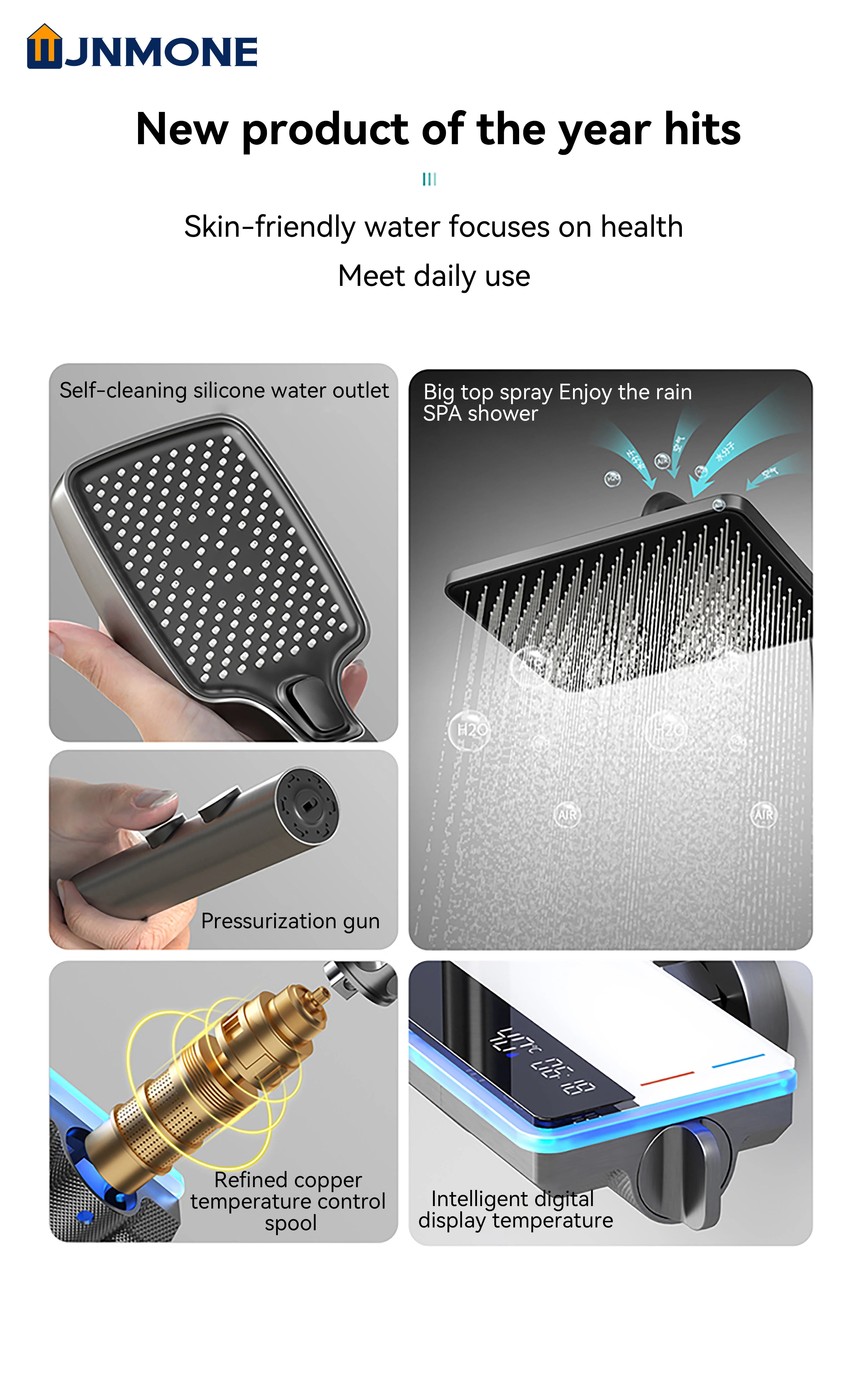 Ambient Light Bathroom Shower Full Set Wall Mount Bathtub Mixer Rain Digital Display Black Shower System Waterfall Shower Faucet