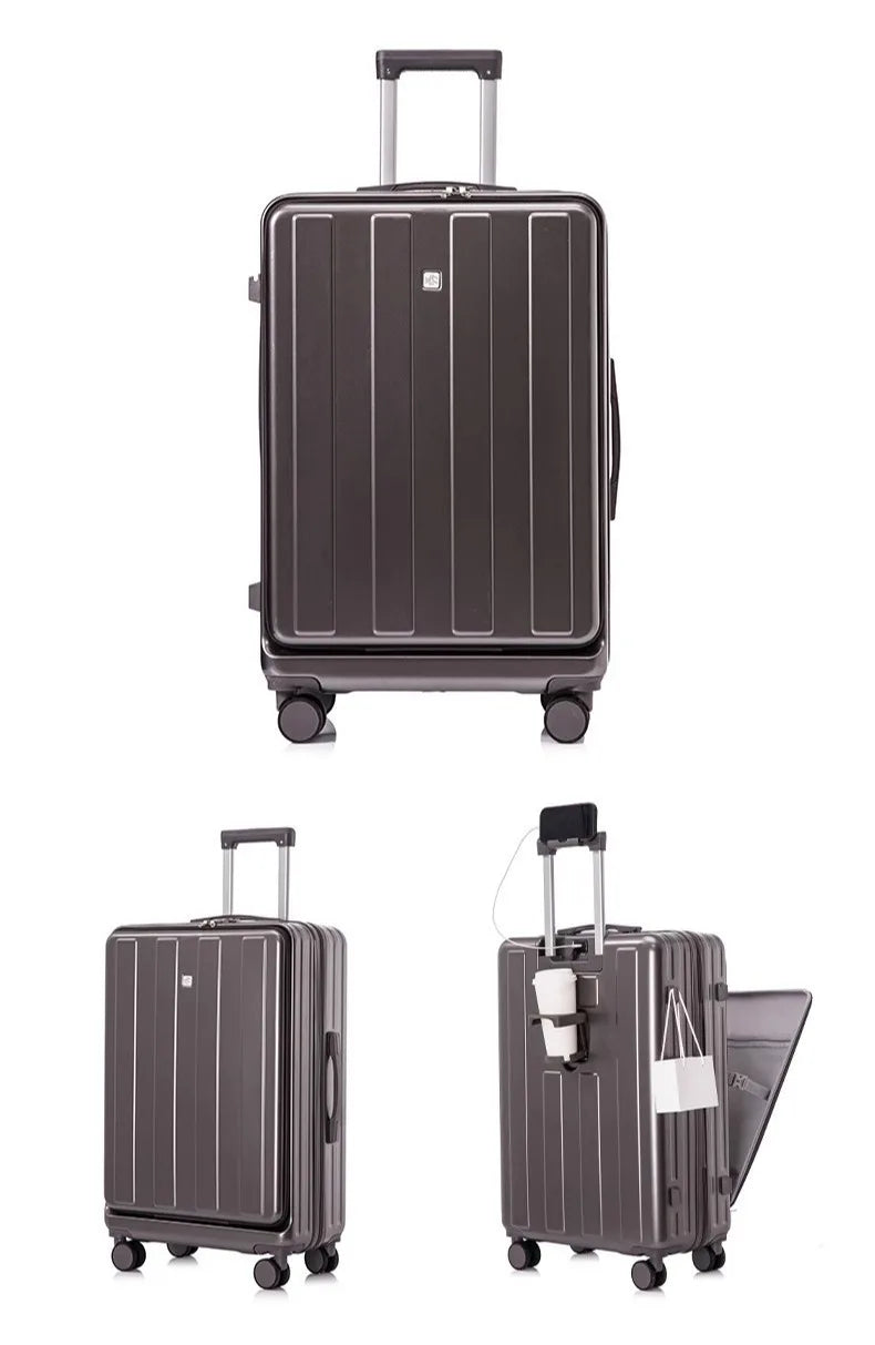 Multifunction Large Capacity Luggage Business Carry on Boarding USB Charging Cup Holder Front Opening Lid Trolley Suitcase