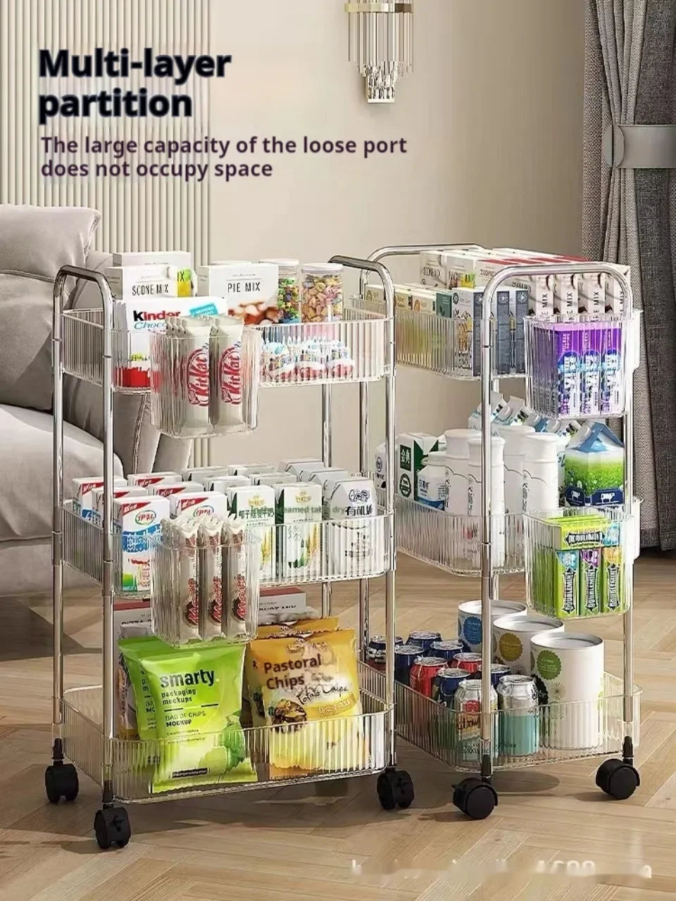 3 Layers Transparent Storage Rack Trolley Acrylic Rolling Cart with Hanging Basket Bathroom Acrylic Makeup Bookshelf organizer
