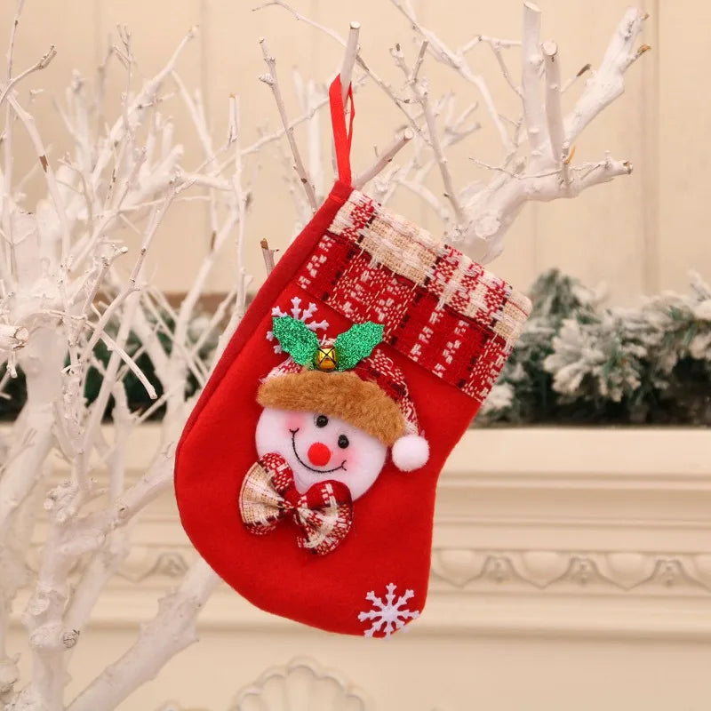 4PCS Red Christmas Stocking Brown Plaid Sock Mouth Santa Claus Snowman Reindeer Bear Doll Christmas Stocking New Year Home Decor