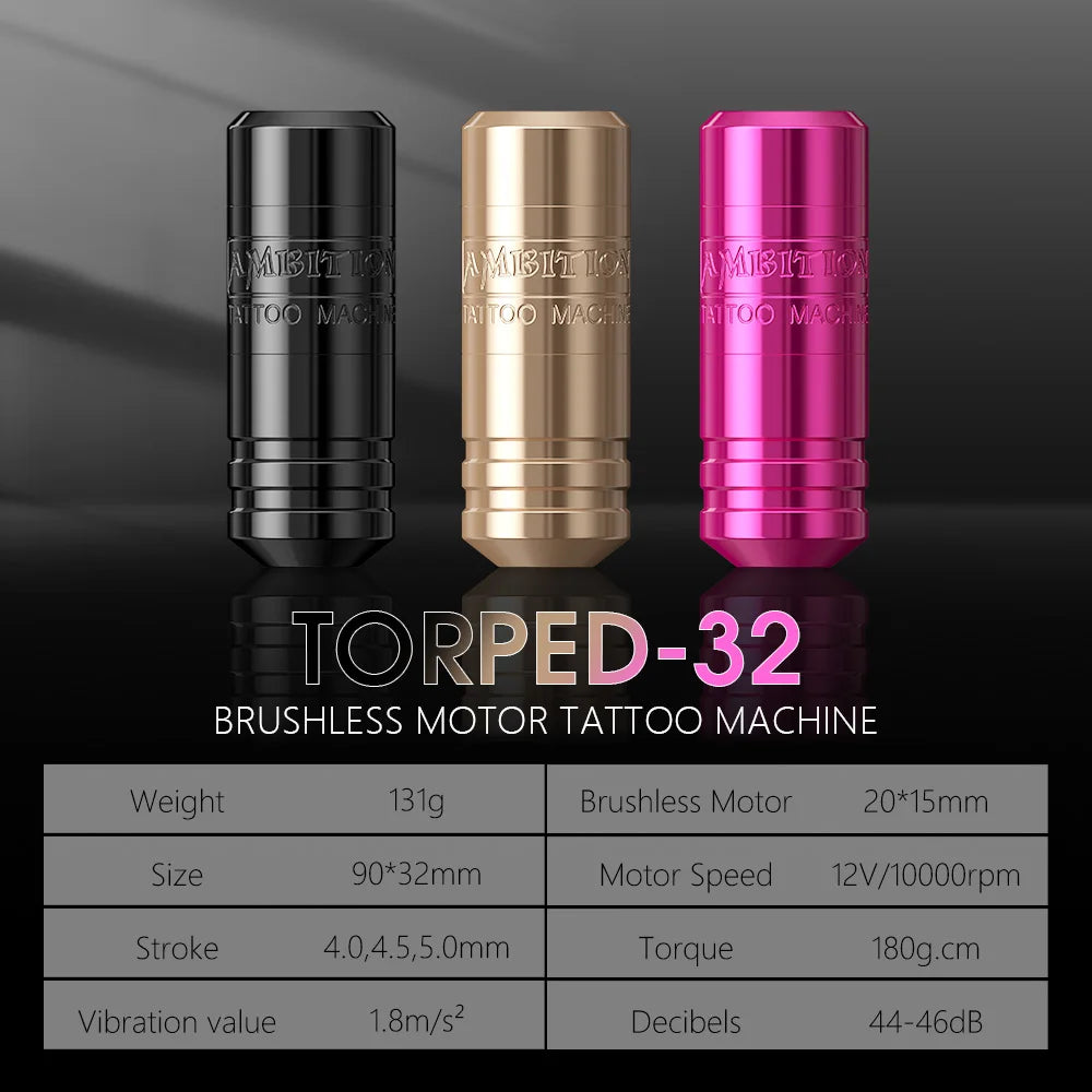 Ambition Torped 32 Powerful Brushless Motor 4.0mm-4.5mm-5.0mm Stroke Rotary Tattoo Pen Machine With RCA Cord For Tattoo Artists