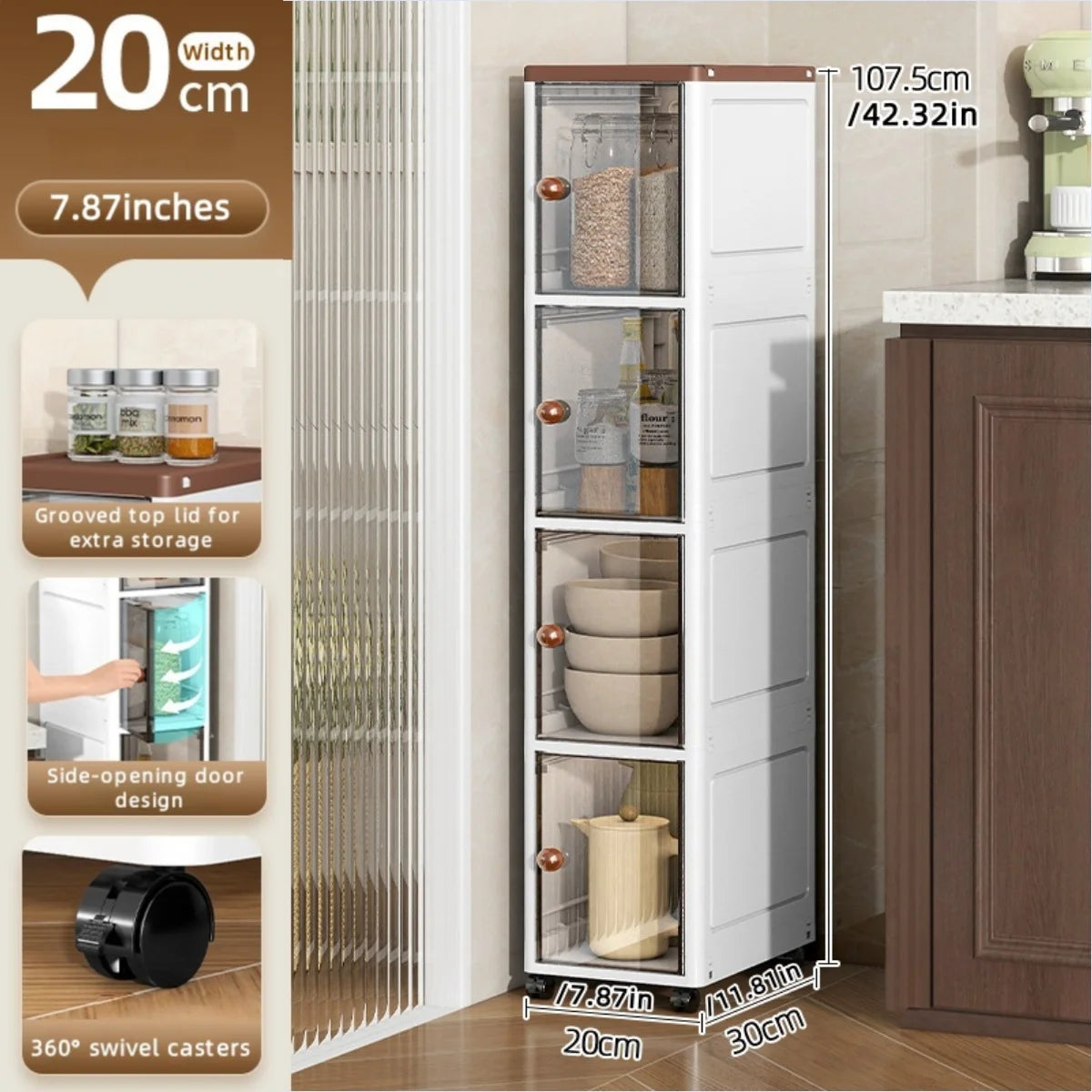 The transparent storage cabinet with wheels in the gap saves space in the kitchen and living room for storing snacks