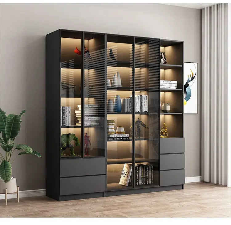 Modern Dust-Proof Bookcase with Glass Door Display Cabinet Modern Luxury Customized Home Living Room Integrated Bookshelf