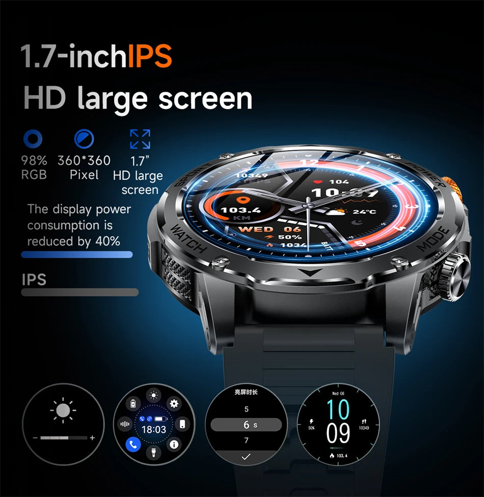 LIGE Military Smart Watch Men 1000mAh Battery Outdoors LED Flashlight Waterproof Heart Rate Sport BT Call 1.7" AMOLED Smartwatch