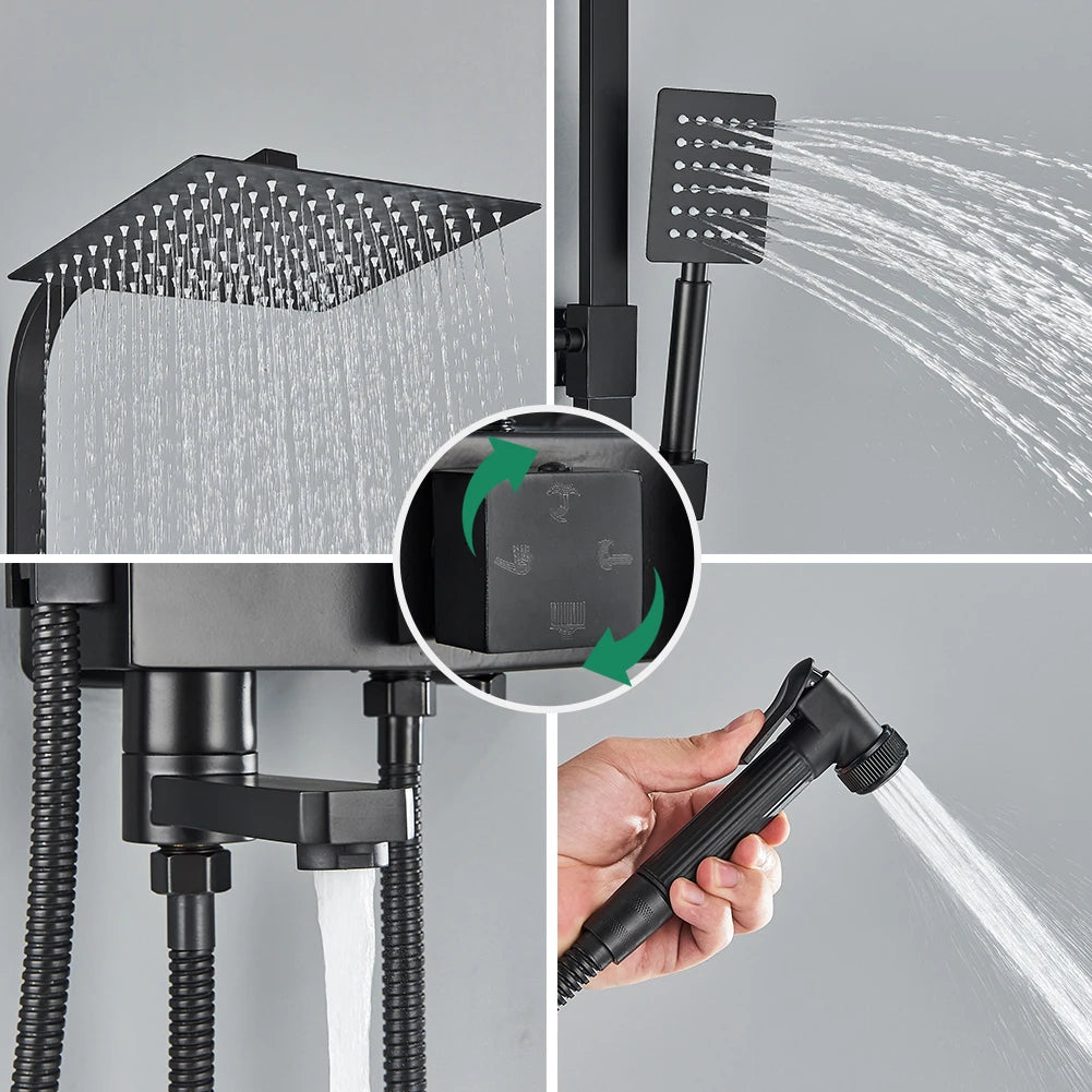 Black Gold Bathroom Shower System Brass Hot Cold Bathroom Faucets Set Accessories 10 Inch Stainless Steel Rain Shower Head