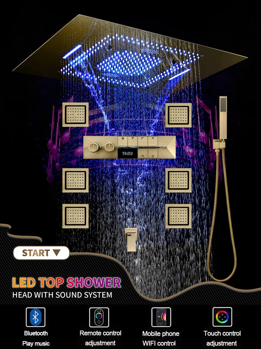 M Boenn Large 23 ×31 Inch Music LED Shower Head Rainfall Thermostat Shower System Bathroom Faucet Set Powerful Massage Body Jet