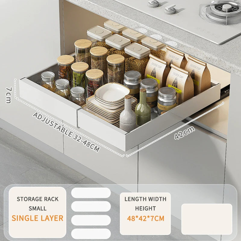 Household Metal White Adjustable Pull Out Kitchen Cabinets Mesa Slide Spice Rack Tableware Storage Drawers Organization Basket