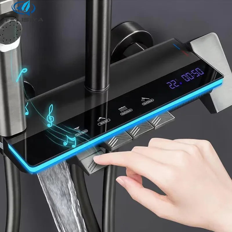 Grey shower Set Four-Function Smart Digital Display  Shower System Rainfall Pressurized Wall-mounted Piano Key Shower Faucet Set