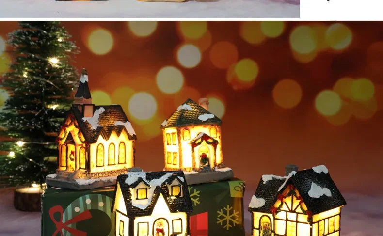 Christmas Decoration House LED Light Xmas Durable Ornaments Small Resin Mini House Miniature Village Building for Home Kids Gift
