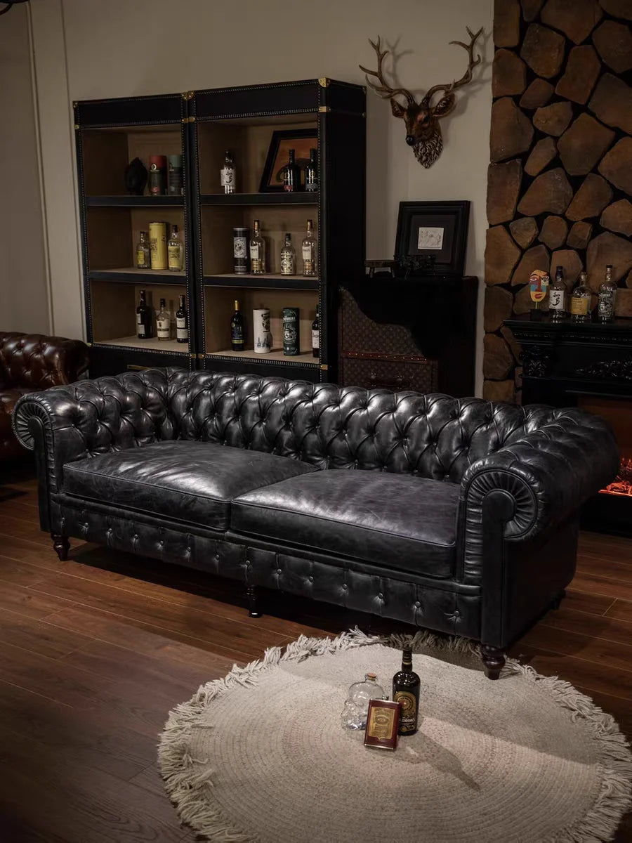 American classic tufted sofa, vintage cigar bar whiskey straight row sofa, oil wax leather café sofa