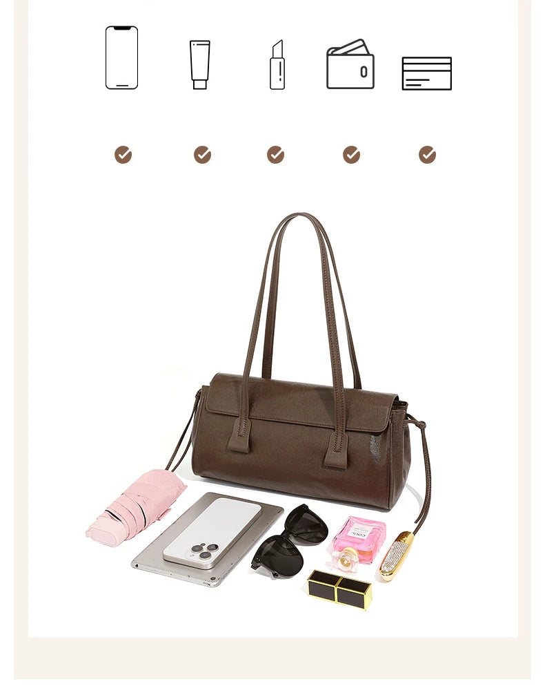 2025 New Genuine Leather Women's Shoulder Bag Large Capacity Cowhide Luxury Handbag Long Strip Black Baguette Bag Female