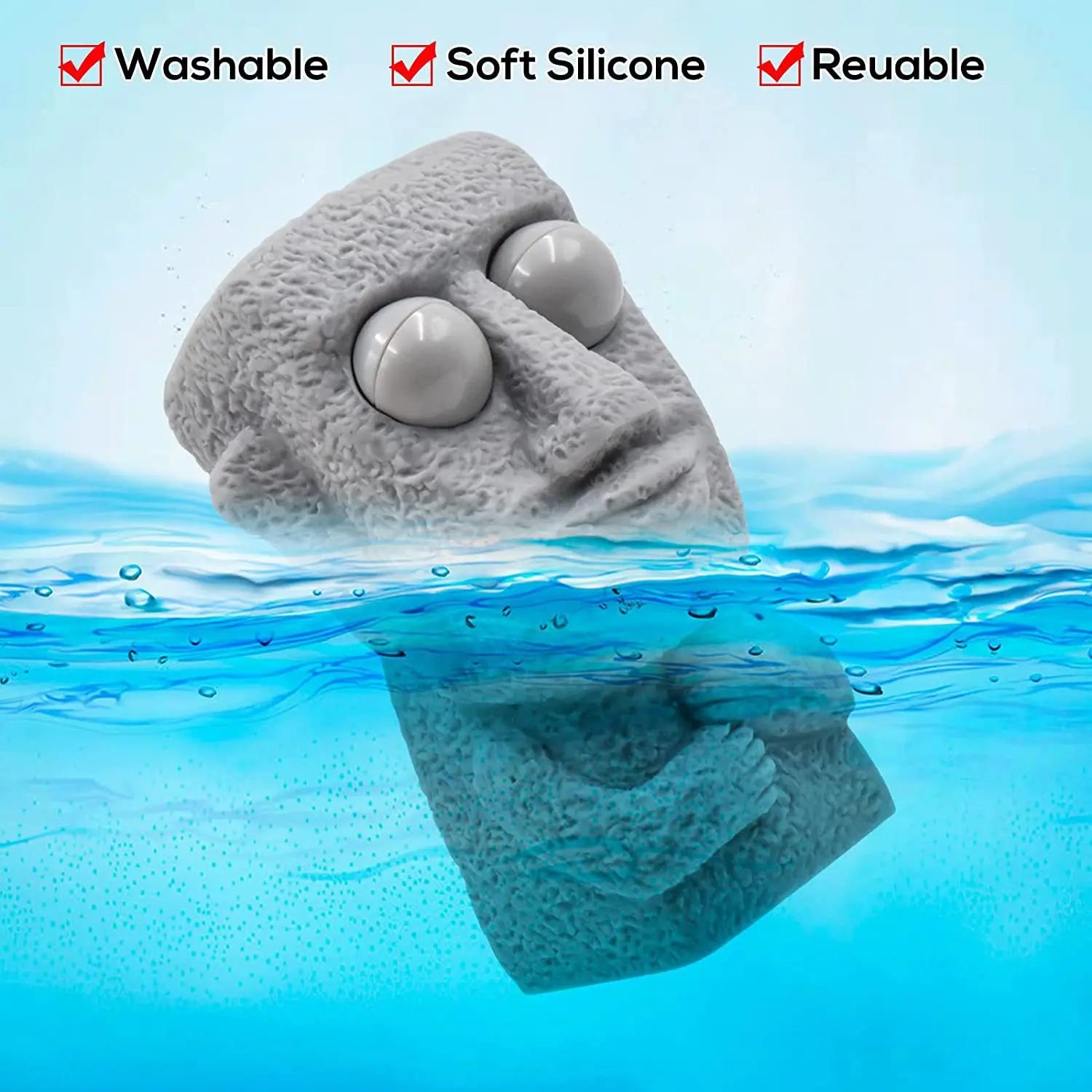 Stone man releases stress toy slowly rebounds soft Moai statue squeeze eyes interested expression relaxes stress children's gift
