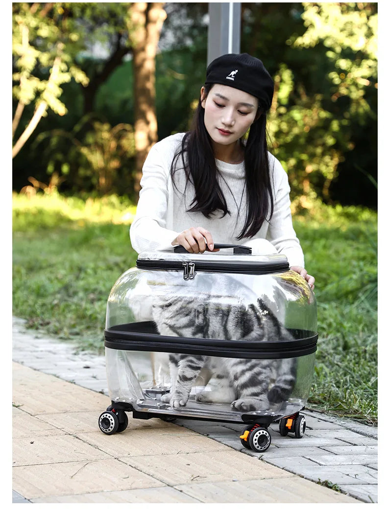 Fashion Transparent Cat Cage Large Capacity Pet Suitcase Breathable Cat Carriers Pull Rod/Handheld Dual Use Cat Transport Cart