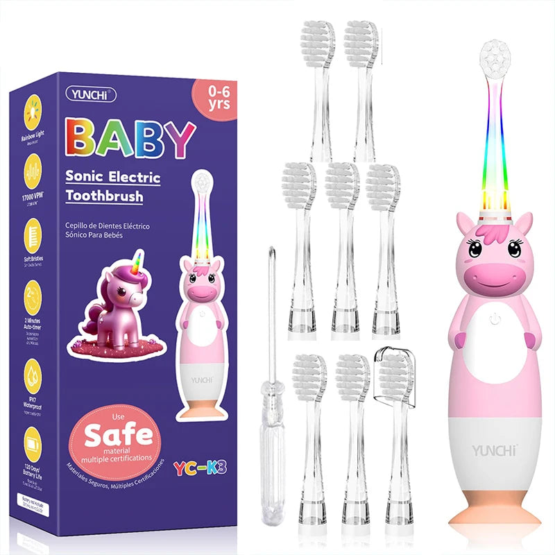Toddler Sonic Electric Toothbrush for Baby with Cute Unicorn Cover and Smart LED Timer Soft Microfiber Bristles 4 Brush Heads